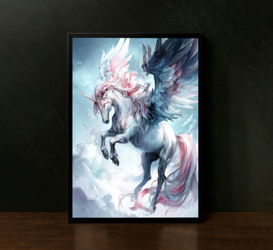 Majestic Winged Unicorn In Clouds Canvas Wall Art