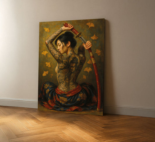 Enchanting Tattooed Samurai Woman With Sword Canvas Wall Art