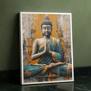Serene Buddha In Prayer With Orange And Blue Canvas Wall Art