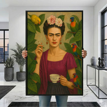 Captivating Woman With Parrots And Flowers Canvas Wall Art