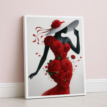 Enchanting Woman In Red Rose Dress Canvas Wall Art