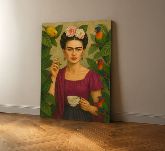 Captivating Woman With Parrots And Flowers Canvas Wall Art