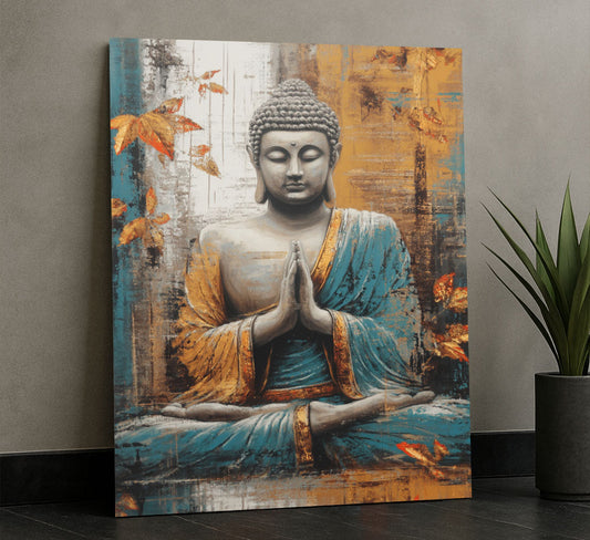 Serene Buddha In Blue And Gold Meditation Canvas Wall Art