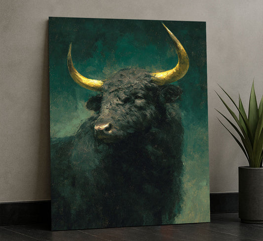 Majestic Black Bull With Golden Horns Canvas Wall Art