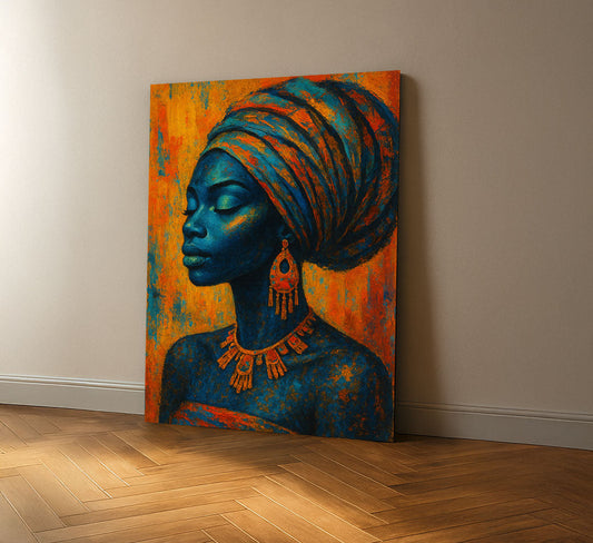 Enchanting Blue And Orange African Woman Canvas Wall Art