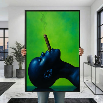 Bold Blue Woman With Cigar On Green Canvas Wall Art