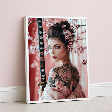 Enchanting Tattooed Samurai Woman With Cherry Blossoms Canvas Wall Art