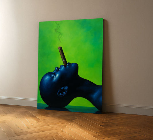 Bold Blue Woman With Cigar On Green Canvas Wall Art