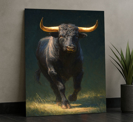 Majestic Charging Bull With Golden Horns Canvas Wall Art