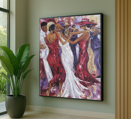 Vibrant Red And White Dancing Women Canvas Wall Art