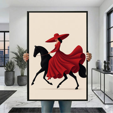 Elegant Woman in Red Dress Riding Horse Canvas Wall Art Print | Modern Living Room Decor | Statement Piece