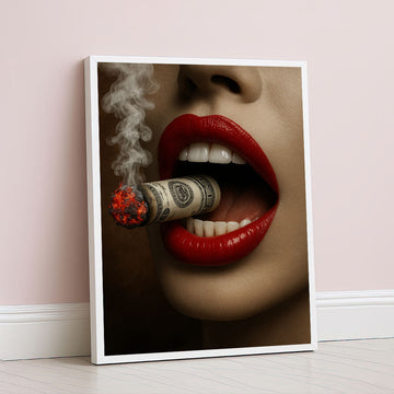 Bold Woman With Red Lips Smoking Dollar Canvas Wall Art