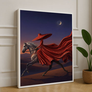 Elegant Red Cloaked Rider Under Moonlit Sky Canvas Wall Art