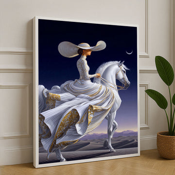 Elegant Lady On White Horse Under Moon Canvas Wall Art