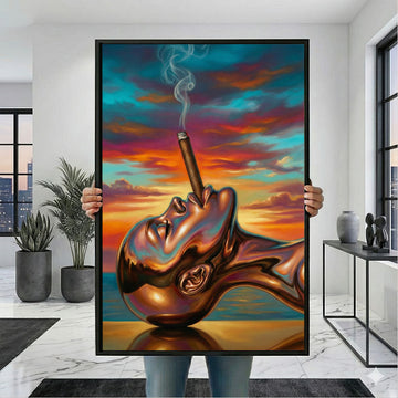 Vibrant Metallic Woman Smoking Cigar Canvas Wall Art