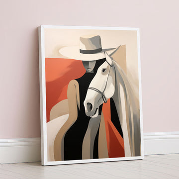 Striking Woman In Hat With White Horse Canvas Wall Art