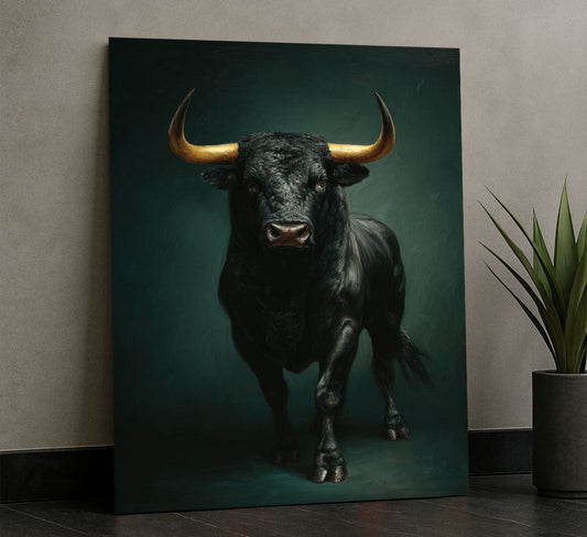 Majestic Black Bull With Golden Horns Canvas Wall Art