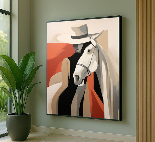 Striking Woman In Hat With White Horse Canvas Wall Art