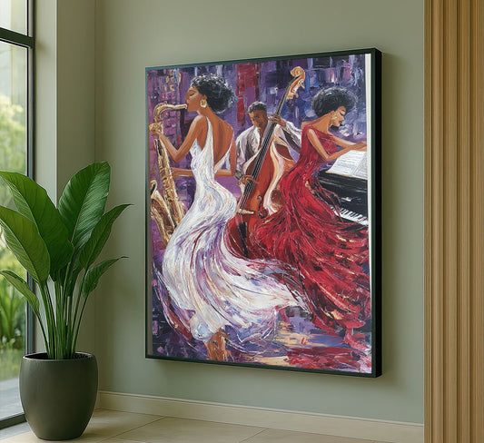 Dynamic Jazz Musicians In Red And White Canvas Wall Art