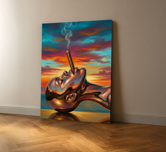 Vibrant Metallic Woman Smoking Cigar Canvas Wall Art