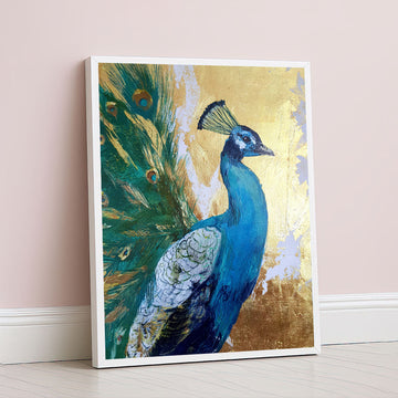 Striking Blue Peacock With Golden Feathers Canvas Wall Art