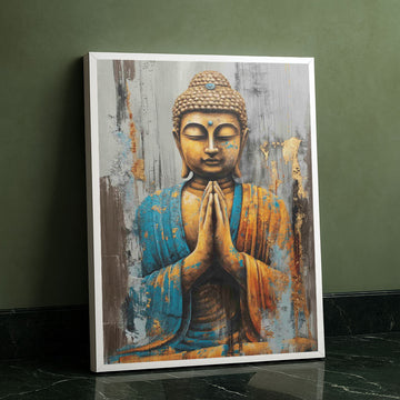 Serene Golden Buddha In Blue Robe Canvas Wall Art