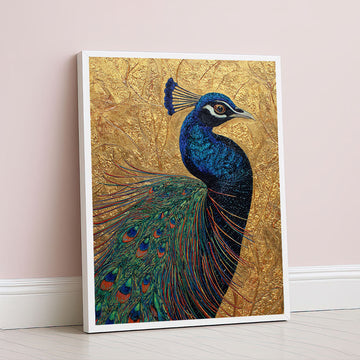 Majestic Blue Peacock With Golden Feathers Canvas Wall Art