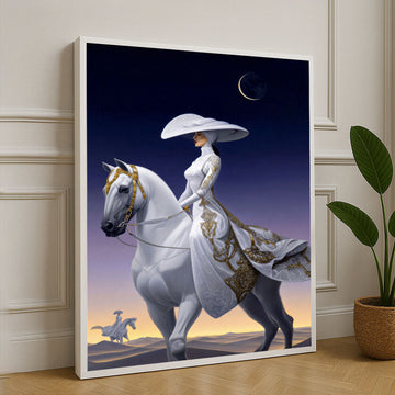 Elegant White Horsewoman Under Crescent Moon Canvas Wall Art