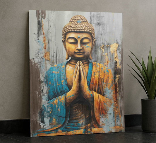Serene Golden Buddha In Blue Robe Canvas Wall Art