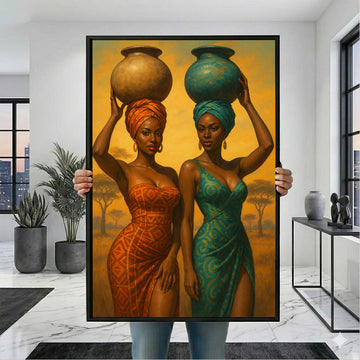 Vibrant African Women With Water Jars Canvas Wall Art