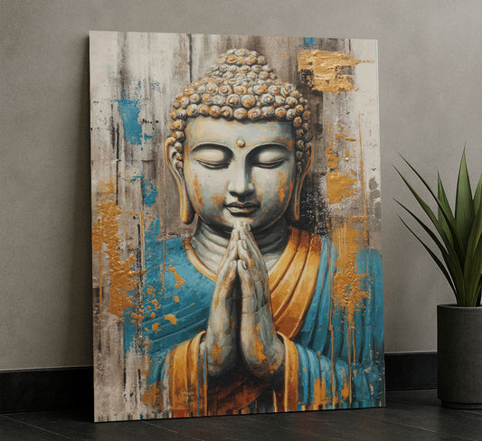 Serene Buddha In Blue And Gold Canvas Wall Art