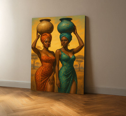 Vibrant African Women With Water Jars Canvas Wall Art