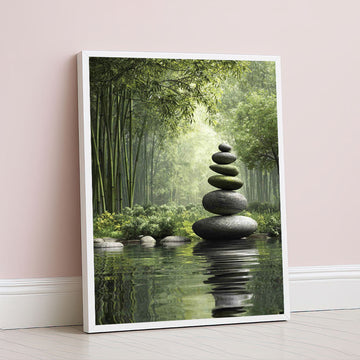 Serene Zen Stone Stack In Bamboo Forest Canvas Wall Art
