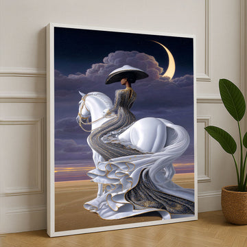 Elegant Woman On White Horse Under Crescent Moon Canvas Wall Art