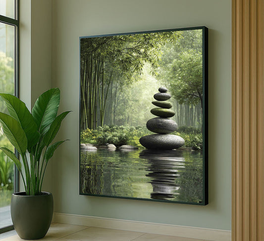 Serene Zen Stone Stack In Bamboo Forest Canvas Wall Art