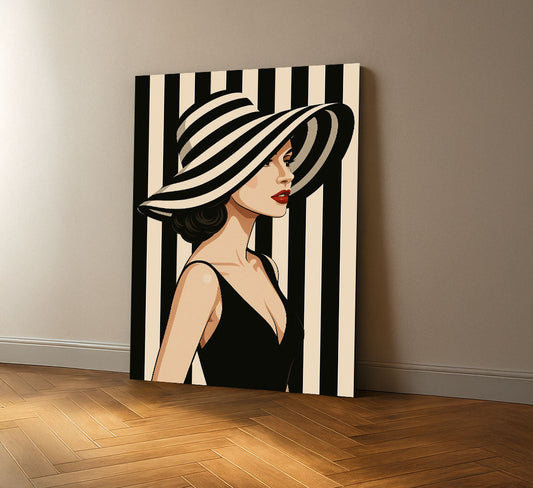 Striking Black And White Striped Hat Woman Canvas Wall Art