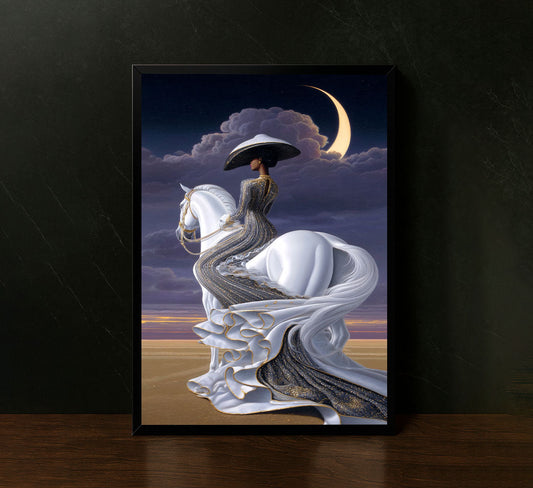 Elegant Woman On White Horse Under Crescent Moon Canvas Wall Art