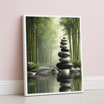Serene Zen Stone Stack In Bamboo Forest Canvas Wall Art