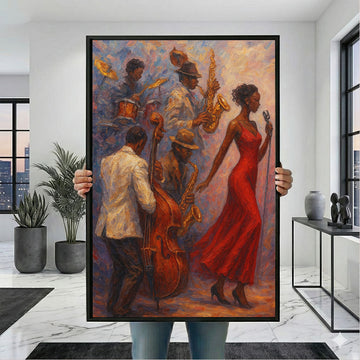 Dramatic Jazz Band With Elegant Woman In Red Dress Canvas Wall Art