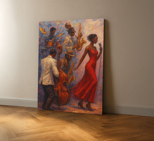 Dramatic Jazz Band With Elegant Woman In Red Dress Canvas Wall Art