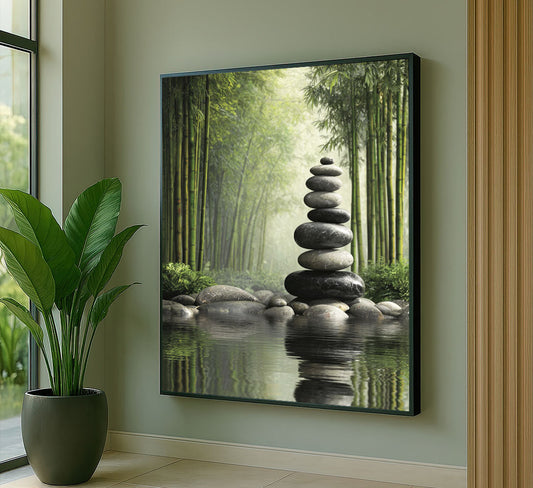 Serene Zen Stone Stack In Bamboo Forest Canvas Wall Art