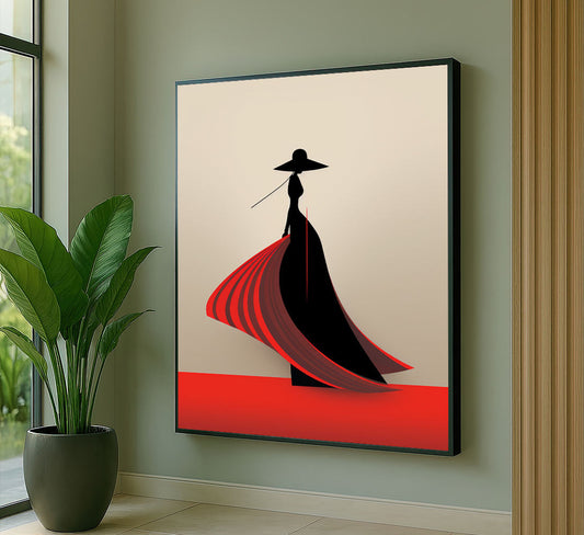 Striking Silhouette Woman In Red And Black Dress Canvas Wall Art