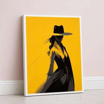 Dynamic Woman In Black Hat On Yellow Canvas Wall Art