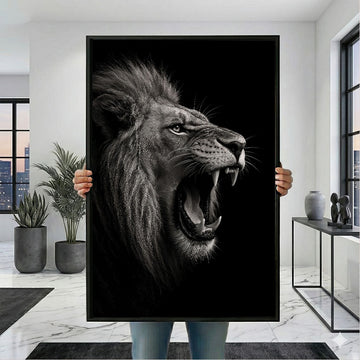 Dramatic Black And White Roaring Lion Canvas Wall Art