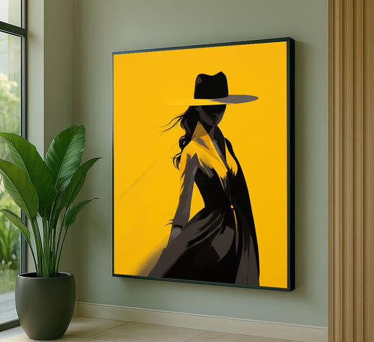 Dynamic Woman In Black Hat On Yellow Canvas Wall Art