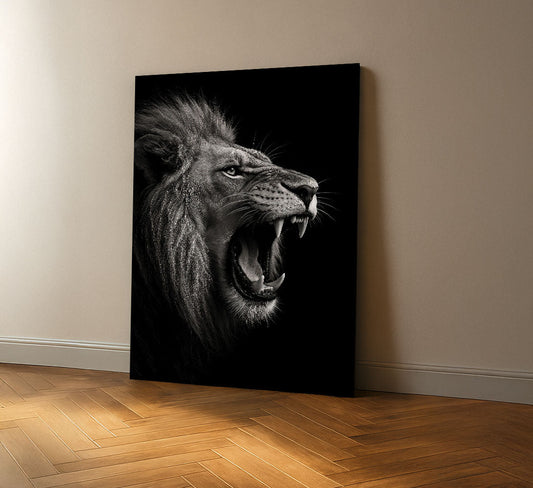 Dramatic Black And White Roaring Lion Canvas Wall Art