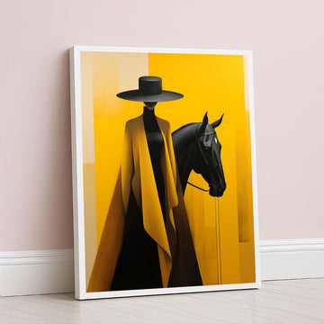 Elegant Woman In Yellow Cape With Black Horse Canvas Wall Art