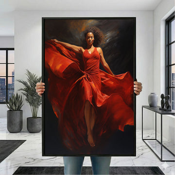 Striking Woman In Flowing Red Dress Canvas Wall Art