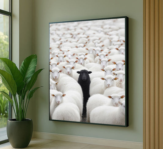 Striking Black Sheep Among White Flock Canvas Wall Art