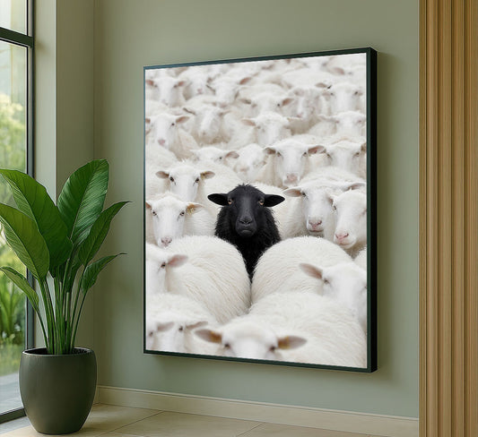 Striking Black Sheep Among White Flock Canvas Wall Art
